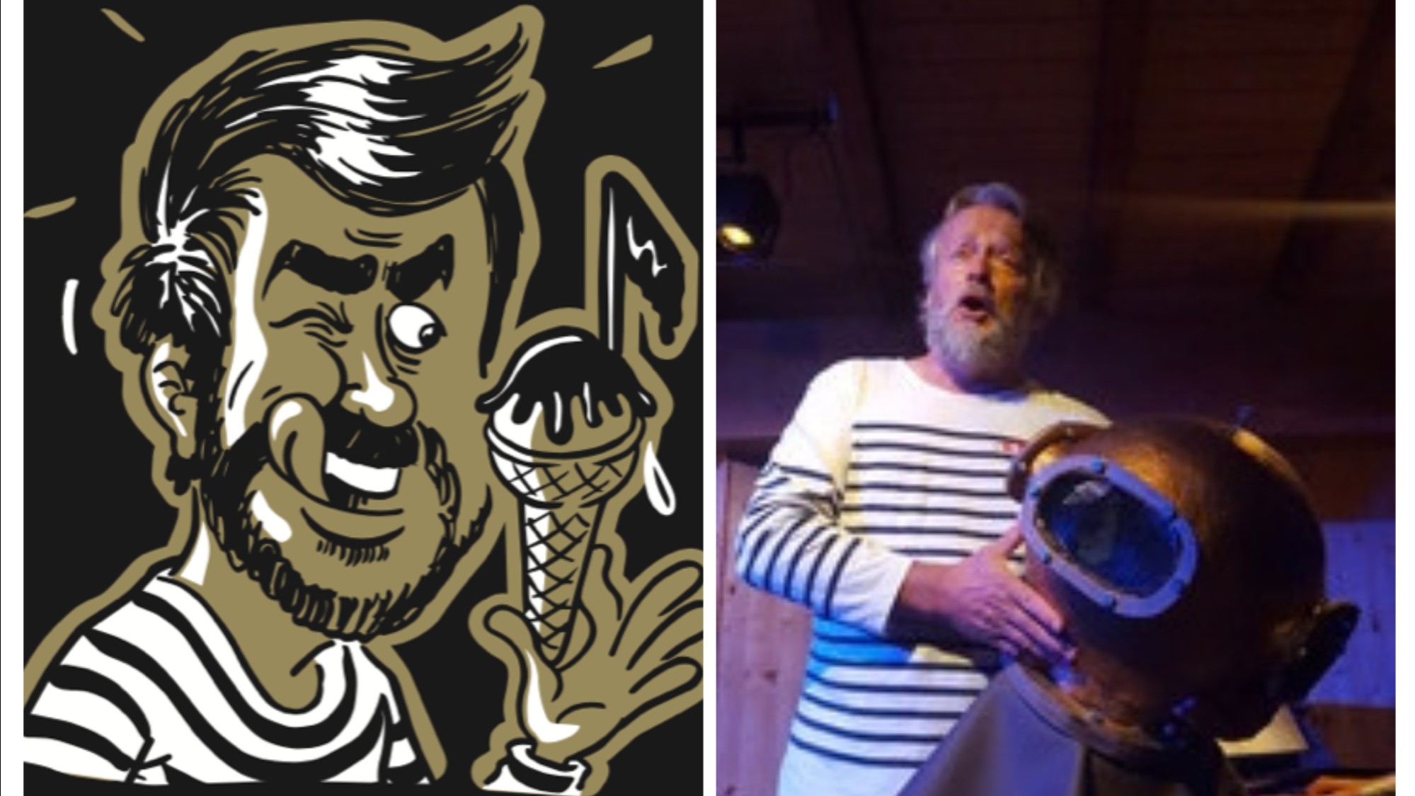 Boby Lapointe en dessin et Jean-Claude Hurni sur scène avec un casque de scaphandrier