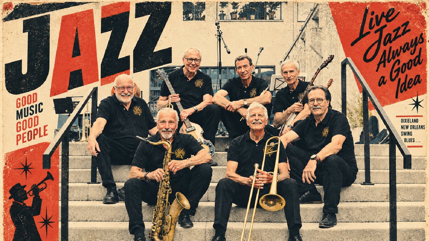 Le Frytig Jazzband et ses instruments sur des marches