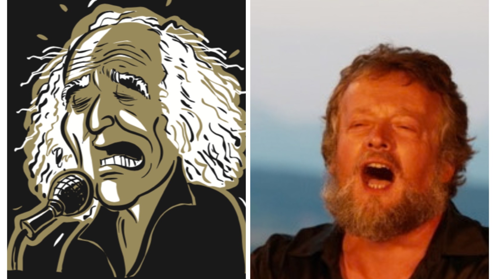 Léo Ferré en dessin et Jean-Claude Hurni en train de chanter